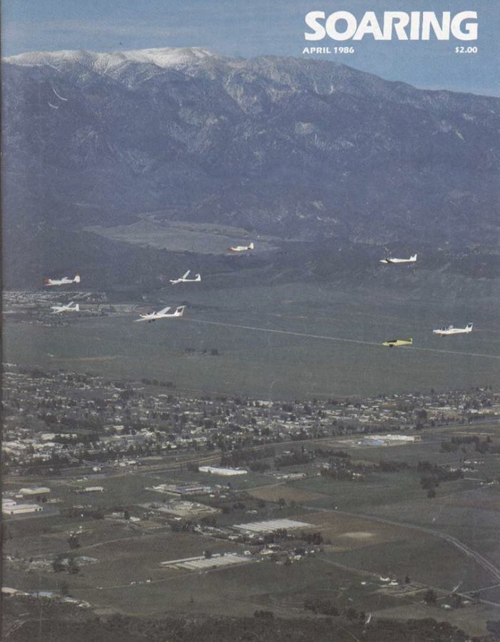 Soaring magazine, April 1986, cover, motorglider formation over the San Bernardino mountains
