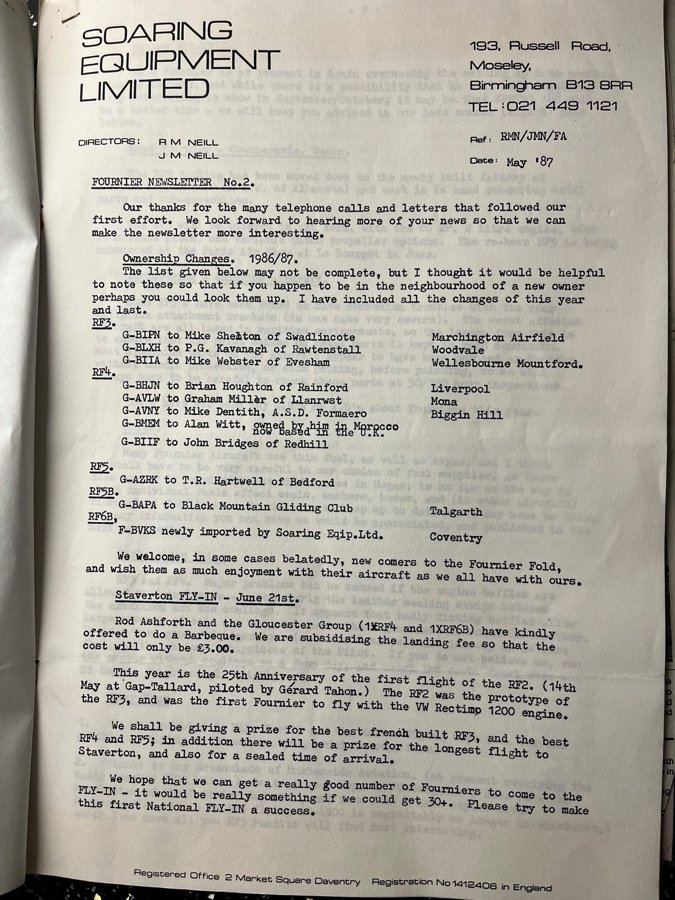 Soaring Equipment Limited, Fournier Newsletter No. 2, May 1987, letterhead