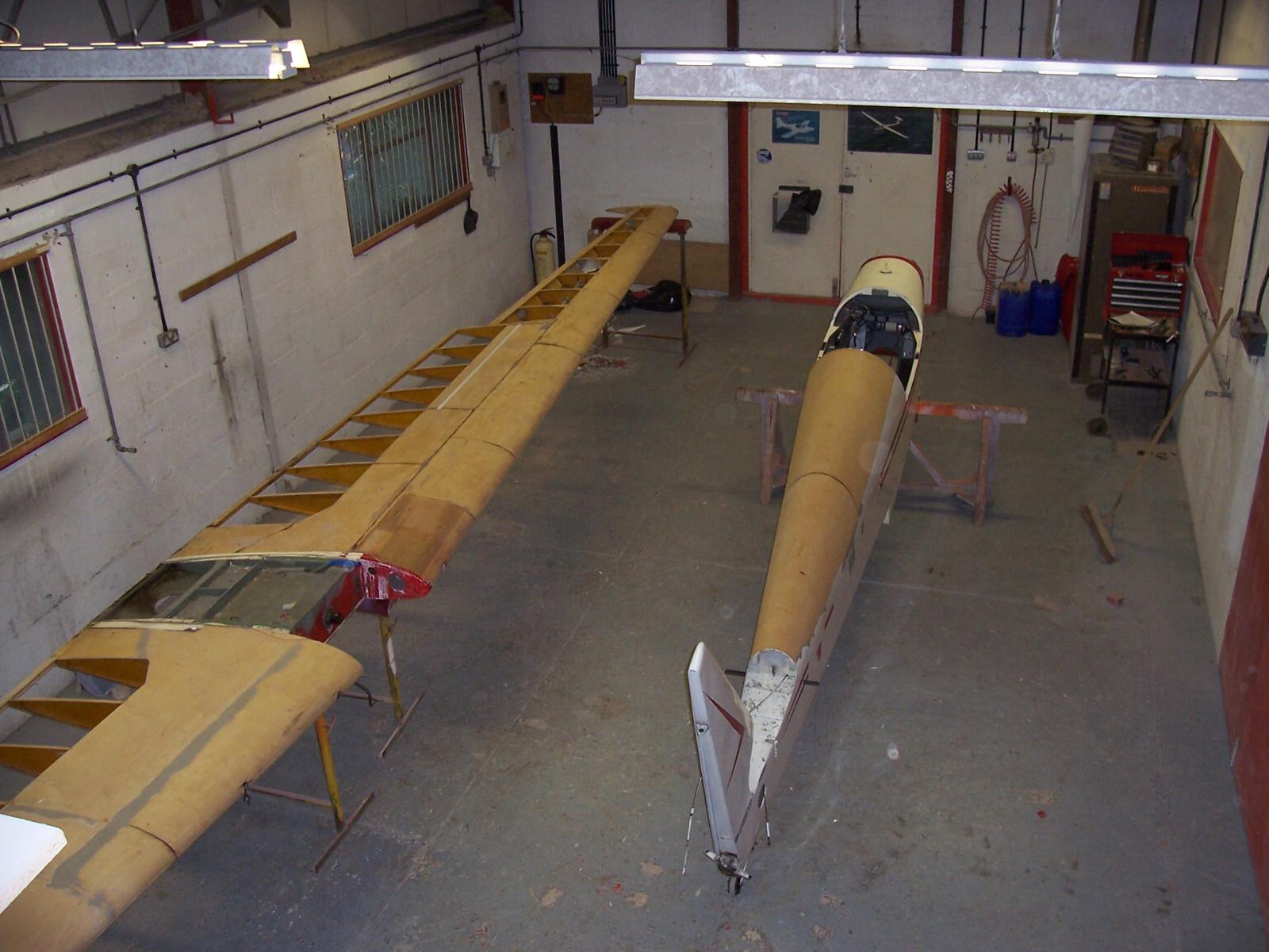 G-AWLZ wing structure and fuselage pod on trestles, before covering